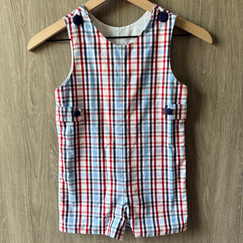 Stitchy Fish Plaid Jon Jon Romper Toddler Boys 4T Red Blue Classic Preppy